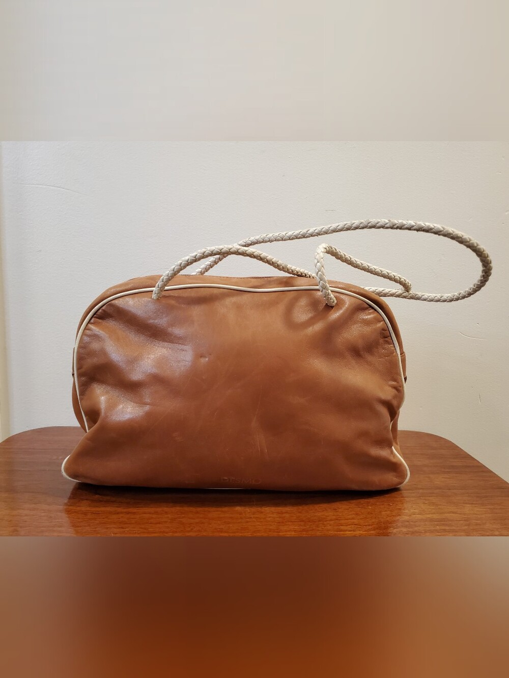 Desmo Brown Leather Zip-Top Shoulder Bag with White Braided Strap 12x8x3.25